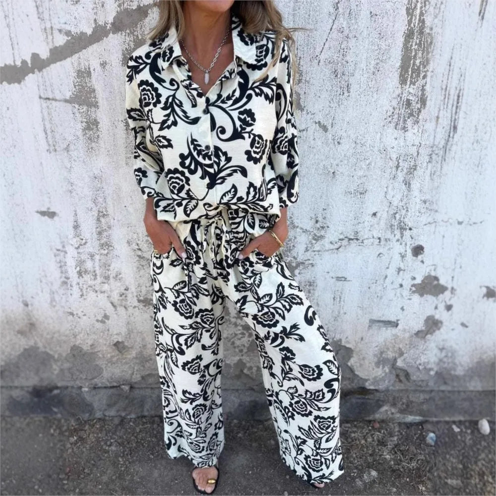 Women's Printed Long-sleeved Shirt And Pants 2piece Elastic Waist Pocket Pants Casual Suit. S-3X