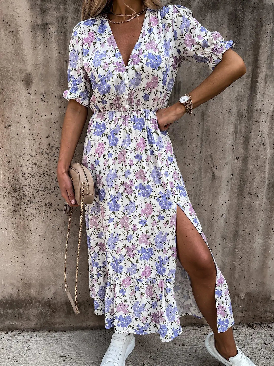 Summer Floral Print Dress V Neck Side Slit Short Sleeve Button Slim Spring Party Dress. S-3X