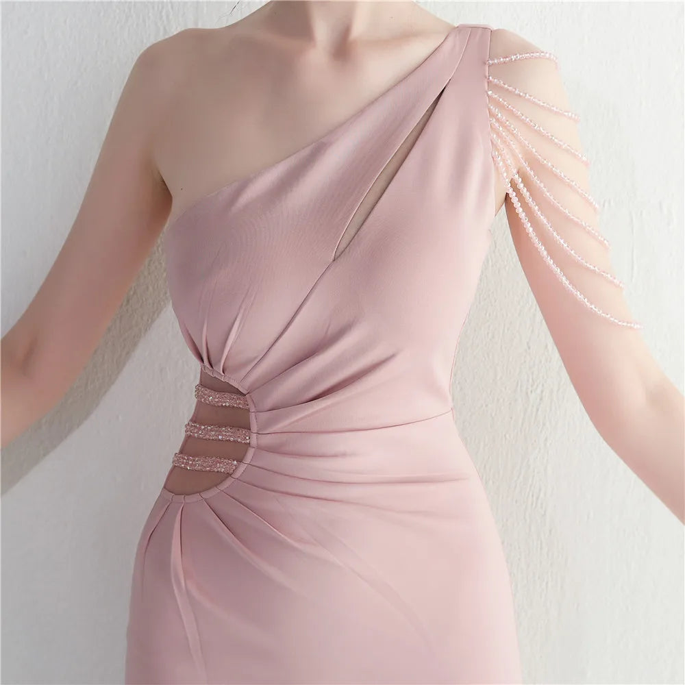 Sexy Slit Dress One Shoulder Soft Satin Pleated Beading Long Evening Party Maxi Dress