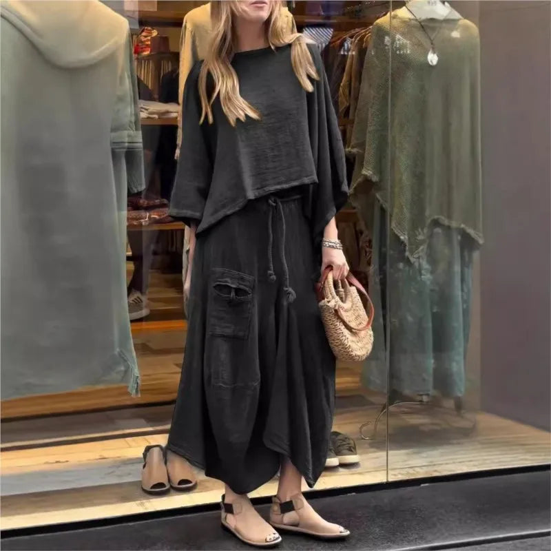 Casual Solid Cotton Linen 2 Piece Sets Women Spring O Neck Top Pullover Belted Skirt Outfit Fall 3/4 Sleeve Loose Suit. S-3x
