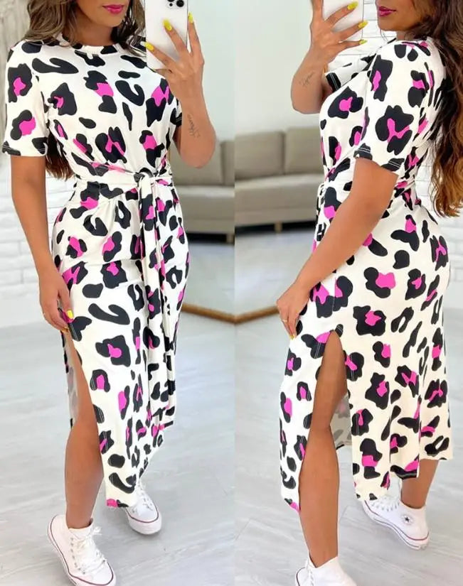 Summer Casual Sexy Elegant Dress Leopard Knotted + Slit Casual Dress. S-XL