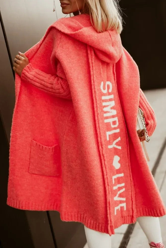 Ladies Hooded Long Cardigan Long Sleeve Autumn Winter Letter Printed Loose Fit. S-2x