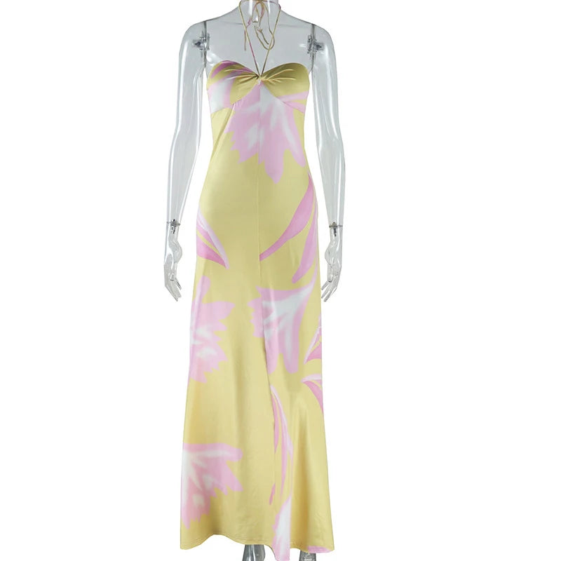 Yellow Printed Halter Satin Women's Dress New Summer Bohemian Sexy Sleeveless Slim Party Long Dress. S-L