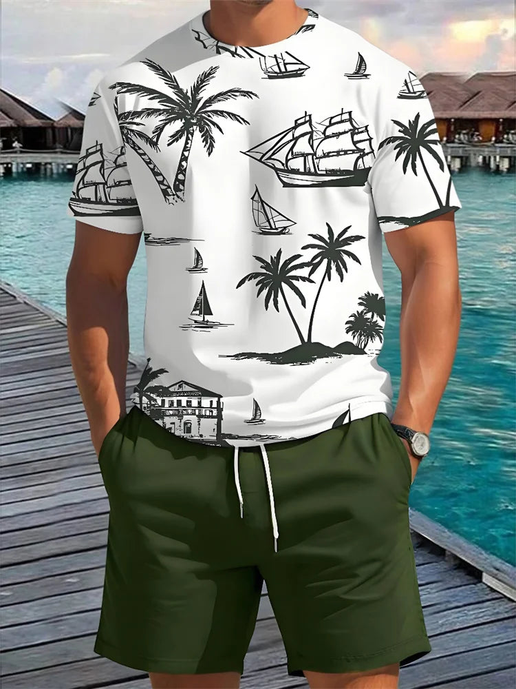 Summer 2 Piece Casual Everyday Men's Short Sleeve Shorts Set Hawaiian Print Men's Beach Shorts Sets. XS-6X