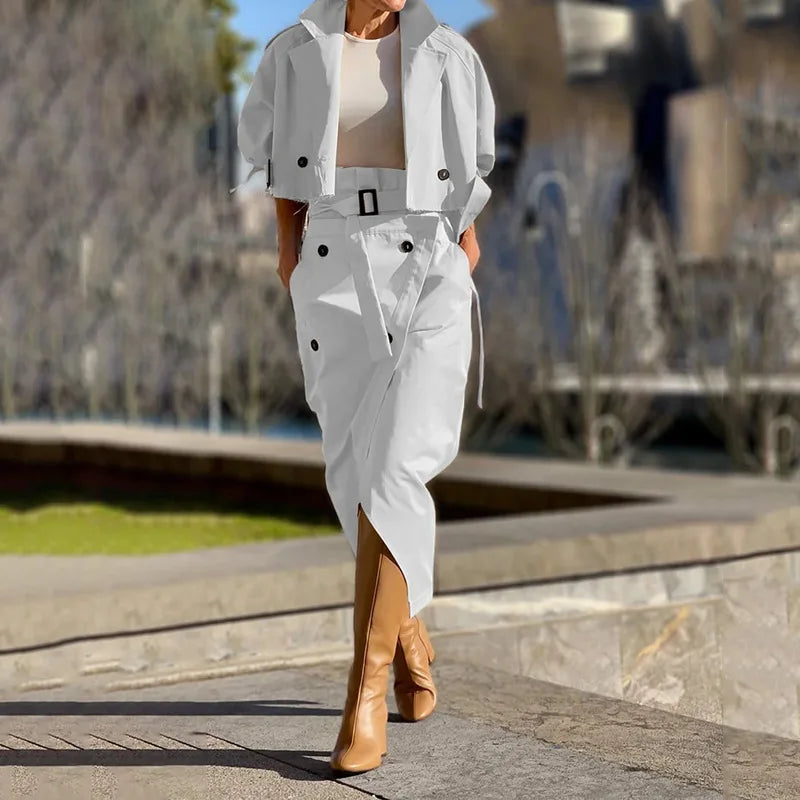 Women's Two-Piece Long-Sleeved Cardigan Turn-down Collar, High Waist Split Skirt Slim Fit. S-xxL