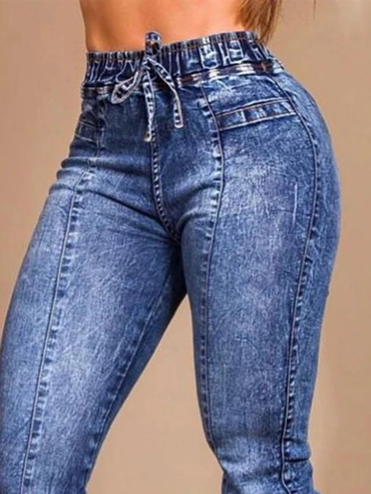 Women Jeans Elastic Waist Solid Colour Pencil Pants Street Wear Casual Slim Fit High Street Flat Zipper.