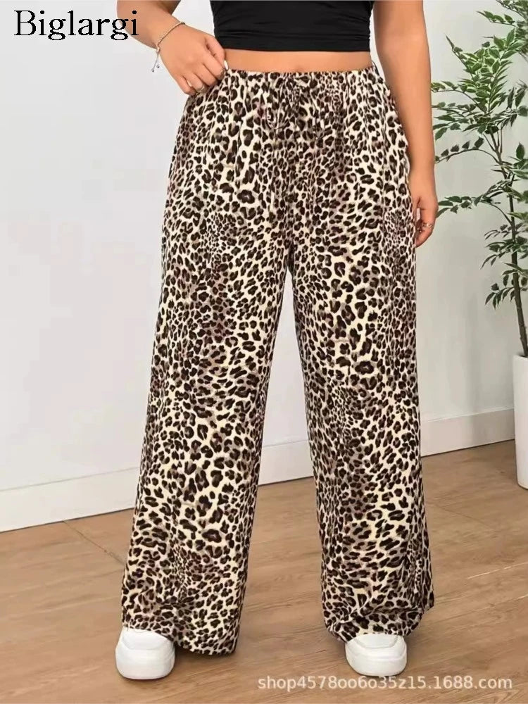 Plus Size High Waist Leopard Print Loose Pleated Ladies Casual Wide Leg Pant