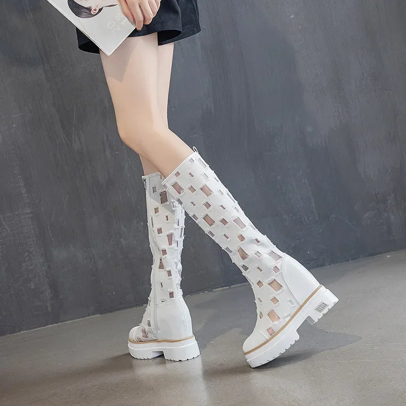 Trendy Boots for Women Summer Denim Canvas Thick Soled Breathable Hollow Mesh Inner Heightening