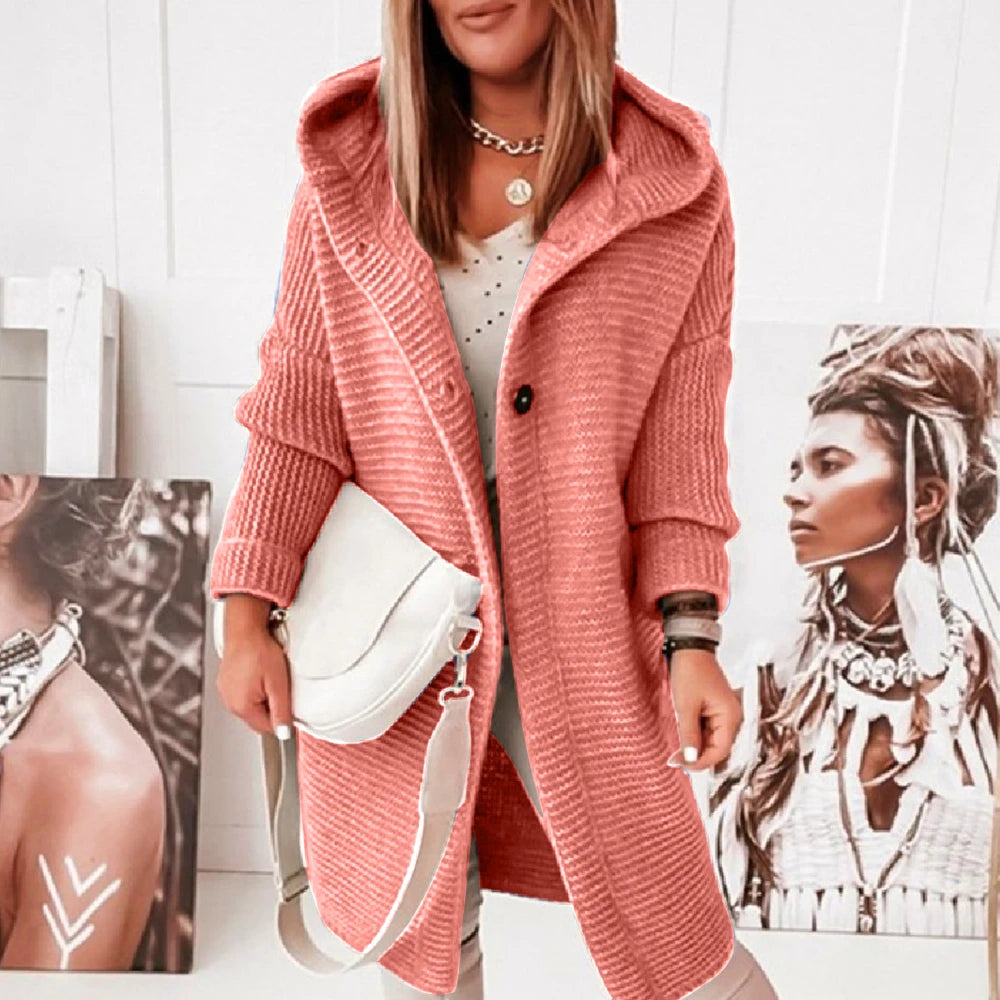 Women Solid Hooded Button Long Sleeve Cardigan Sweater Casual Loose Outwear. S-XL