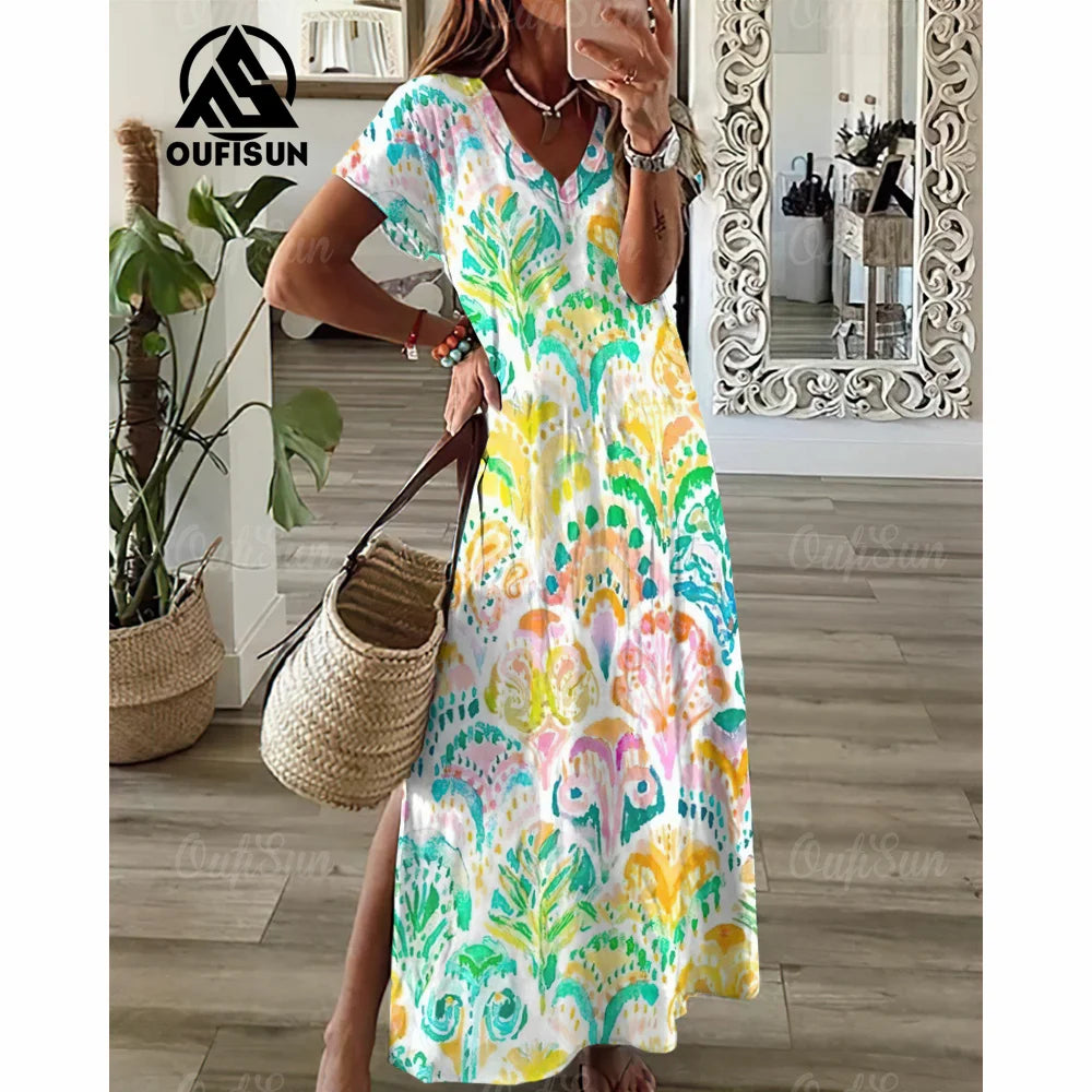 Tie-Dye Long Dress V-Neck Print Dress Loose Fit Women Dress. S-3X