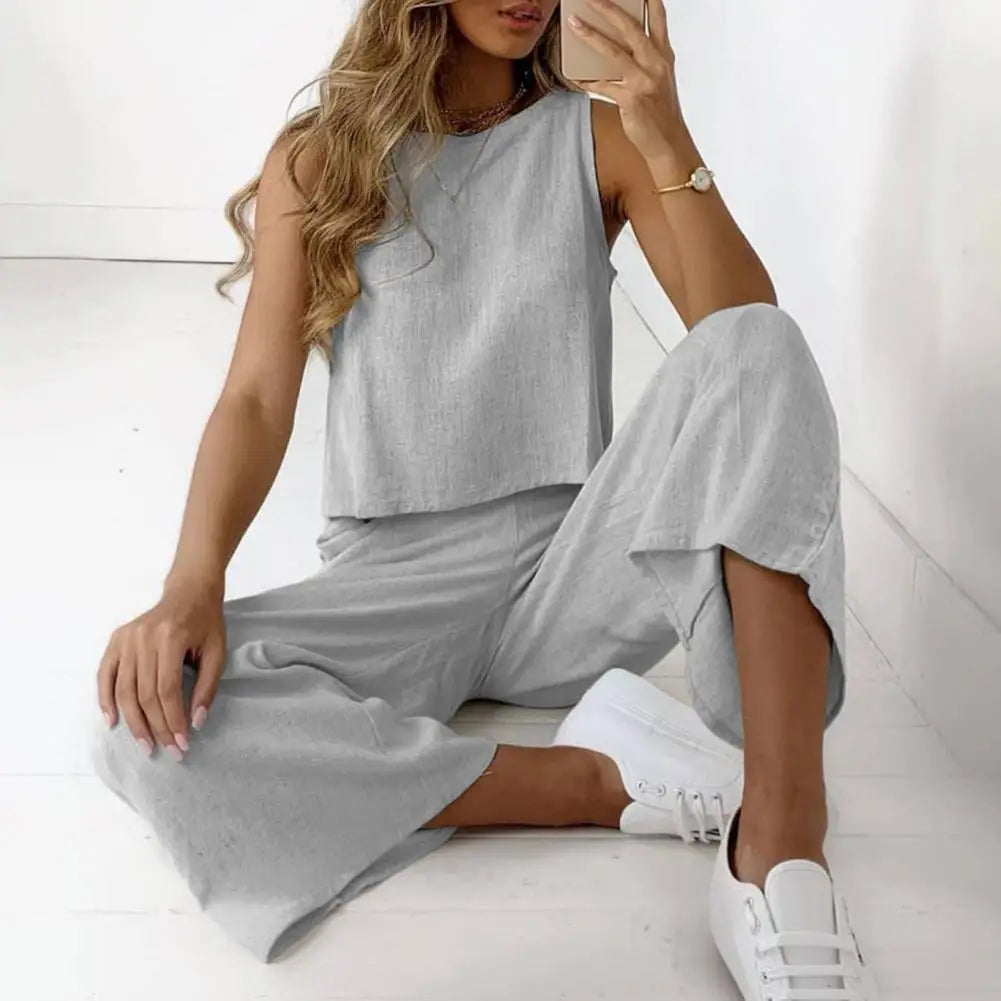 Summer Two Piece Women Sleeveless O-Neck Tank Top Wide Leg Pants Casual Cotton Linen. S-3x