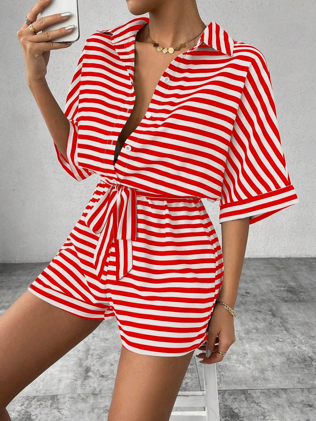 Summer New Set For Women's Casual Loose Comfortable Outfit Fashion Striped Shirt Top+ Shorts 2-piece Set. S-2X