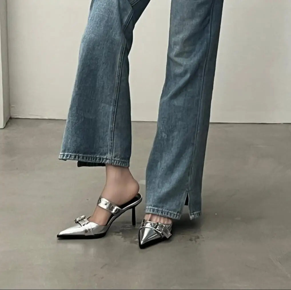 Metal Buckle High Heel Sandals Pointed Toe Thin Heels Sandals.