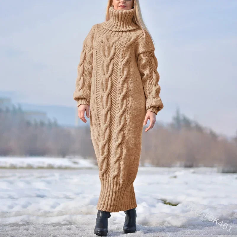 2025 Autumn Winter Solid Colour Turtleneck Pullover Twisted Loose Knitted Sweater Long Sweater Dress for Women. S-5X