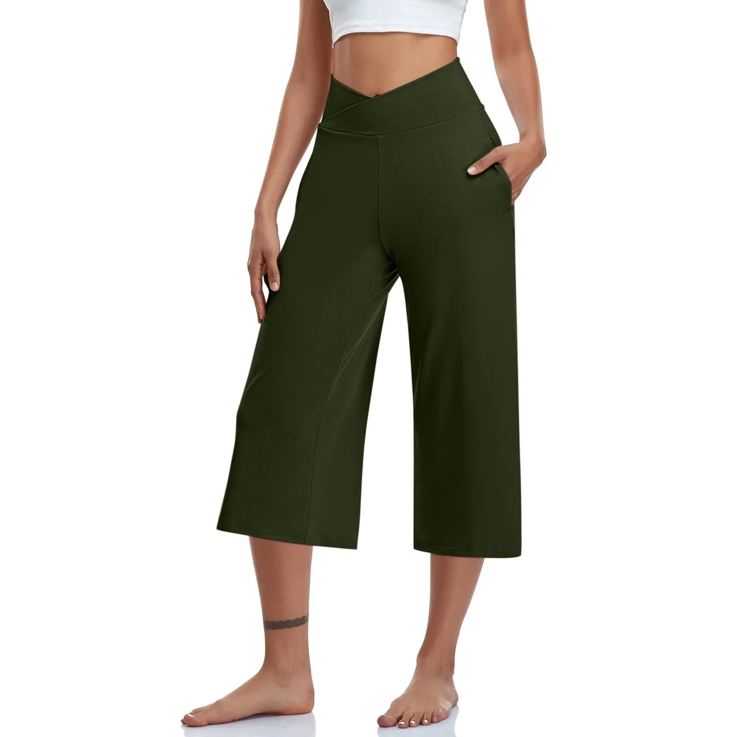 Spring and Summer Women Elastic High Waist 3/4 Pant Solid Casual Active Fit Wide Capri Leg Trousers With Pockets. S-3X