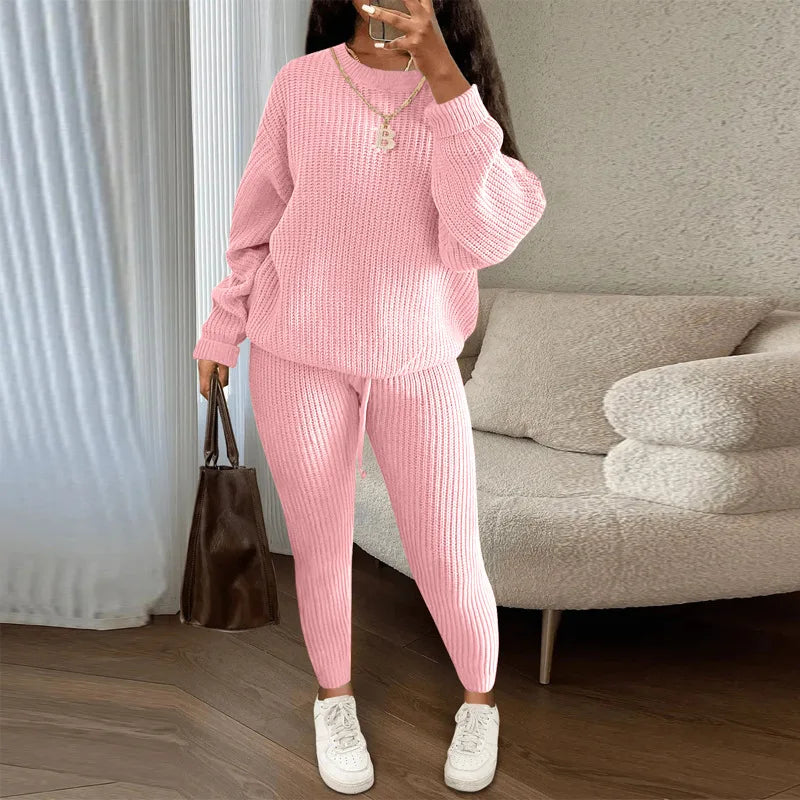 Two Piece Women Autumn Fashion Casual Solid Round Neck Pullover Loose Pit Knitted Sweater Pants Suit. S-3XL