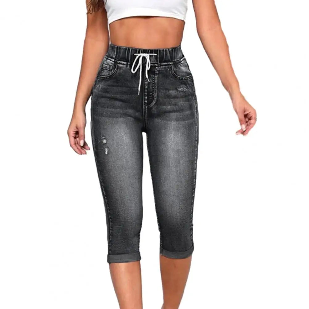 High Waist Vintage Elastic High Waist Drawstring Denim Pants/Capri Jeans Slim Fit. Sz S-2x