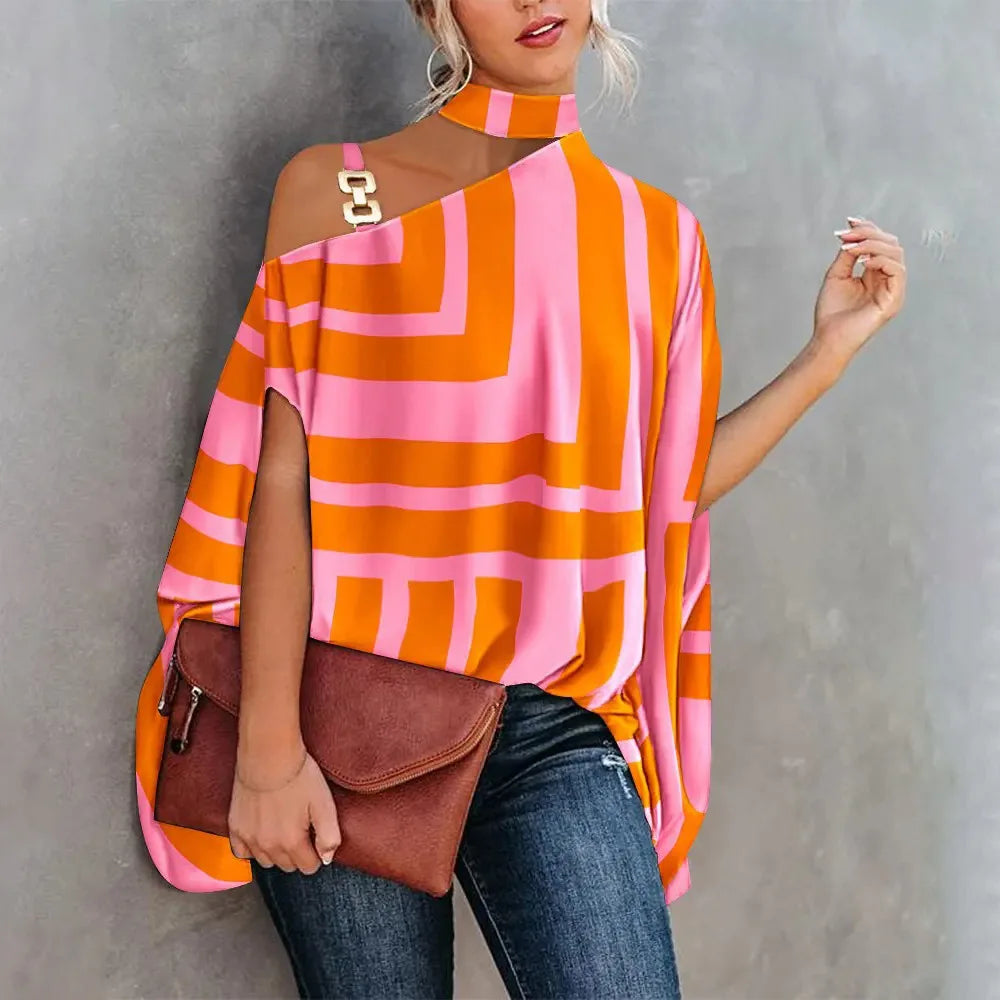 Sexy Halter Loose Blouse Elegant Print Off Shoulder Batwing Sleeve Summer Fashion. S-2X