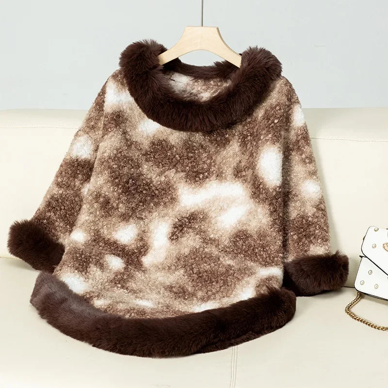 Knitted Cloak Sweater Printed Shawl Outwear Warm Thick Fur Collar Casual Loose Poncho Batwing Sleeve