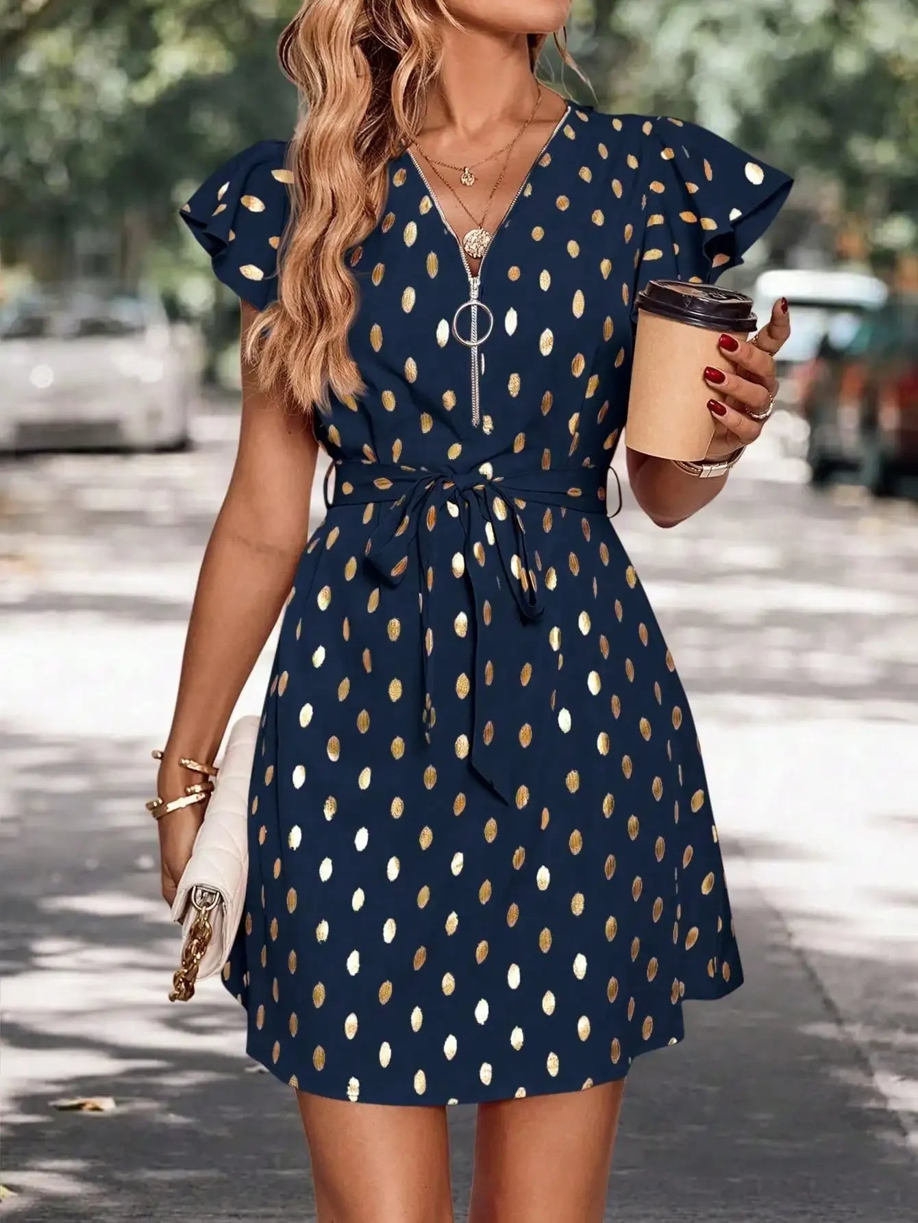 Elegant women's dress V-neck Cap sleeve belt pleated A-line casual women's dress. XS-L