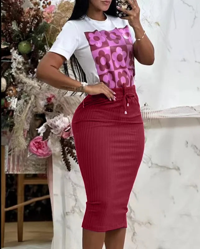 Ladies Casual Short Sleeve Two Piece Set Printed Top And Solid Skirt. S-2x