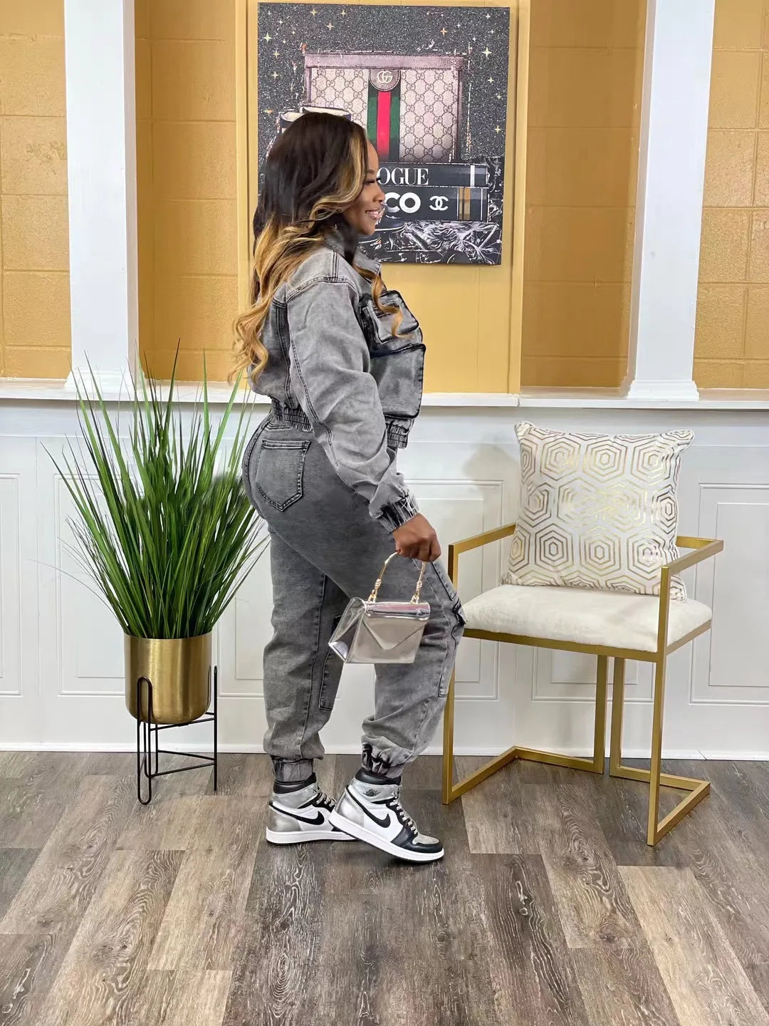 Ladies Long Sleeve Zipper Denim Cargo Ankle Length Pocket Pant Set. S-2x