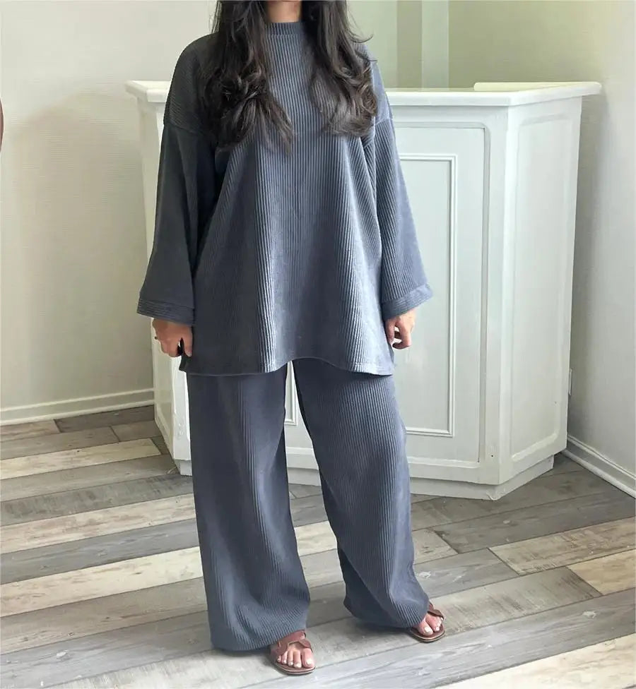 Elegant Female Fashion Solid Set Loose Long Sleeve Pullover Top Wide Legs 2 Piece Set. S-XL