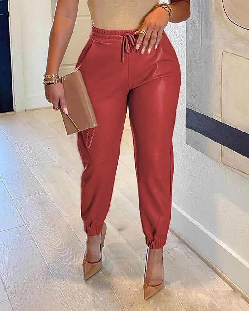 Women's New PU Leather Fashion Elastic Waist Long Pants Vintage Elegant Casual Loose Fit Women's Pants. S-3X
