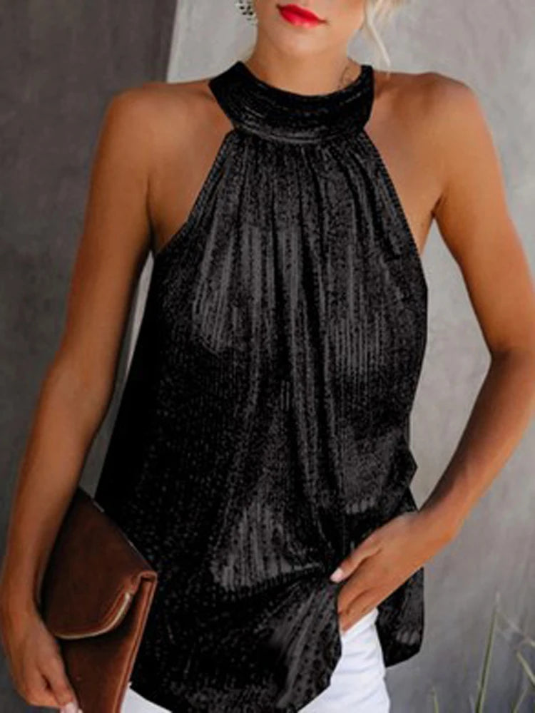 Women Halter Sleeveless Loose Sequined T- Top . S-4X