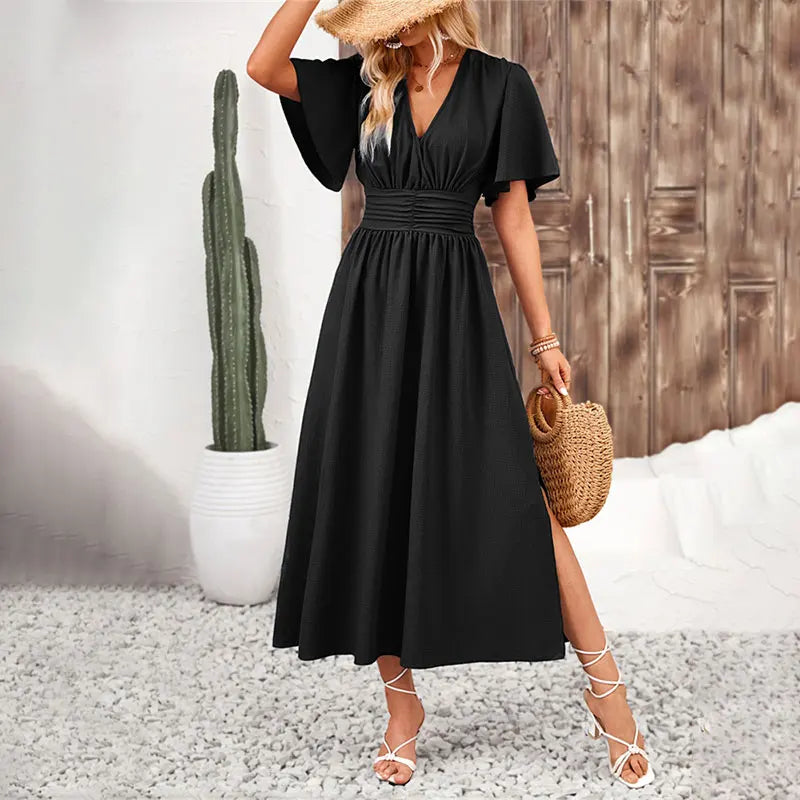 Women Solid Pleated Long Dress V Neck Short Sleeved .