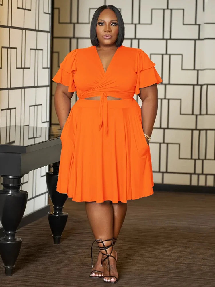 2 Two Piece Women V Neck Mini Skirt Set With Pockets Matching Outfit.