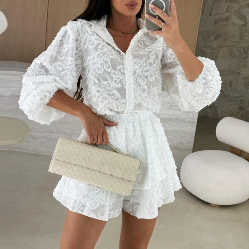 Long Sleeved Outfit 2025 Summer Lace Ruffle Loose Two Piece Set.