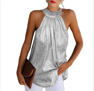 Women Halter Sleeveless Loose Sequined T- Top . S-4X
