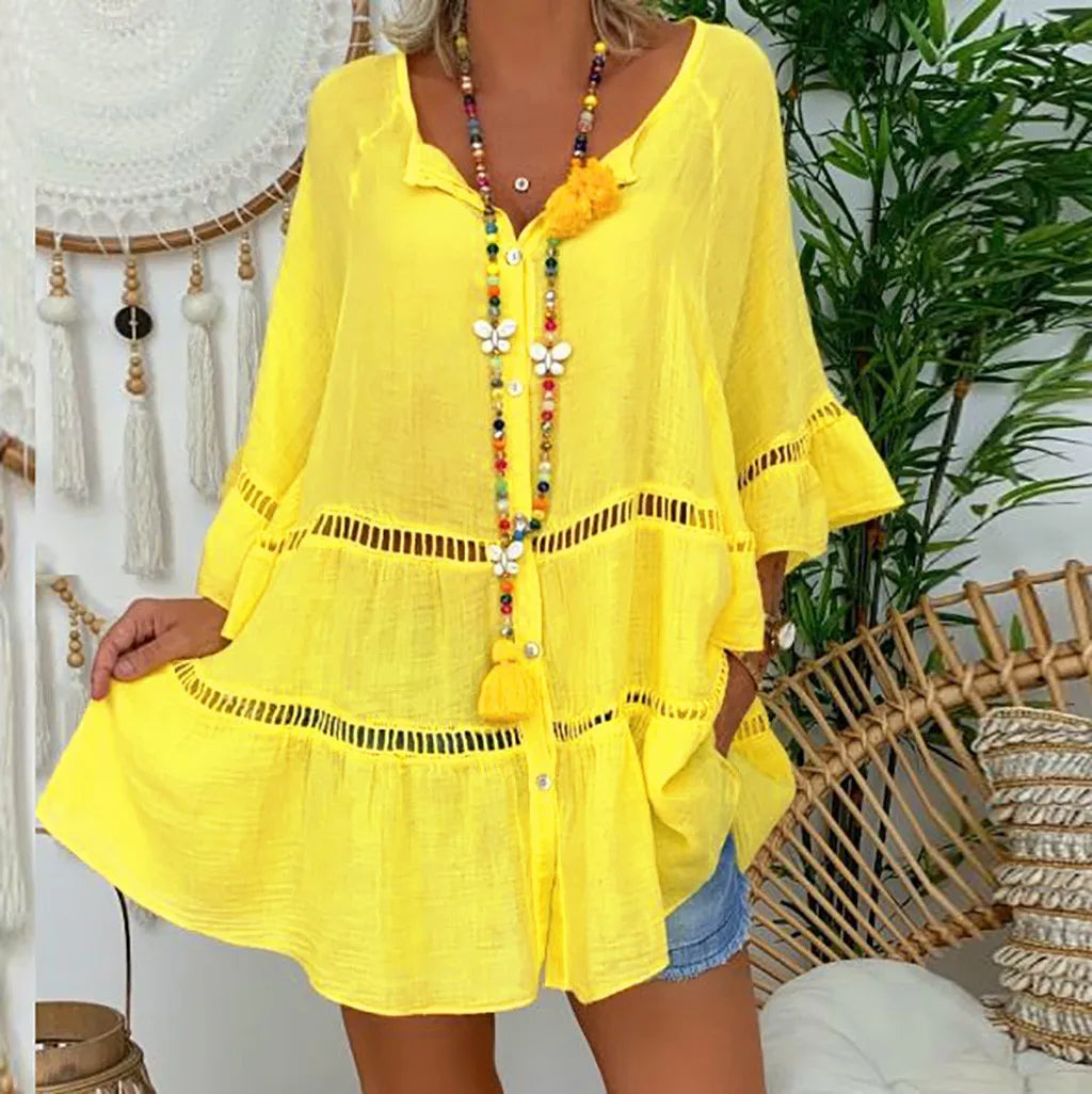 Sexy Loose Hollow Out Dress/Top Summer V Neck Cotton Linen Baggy Dress/Top Oversized S-5XL