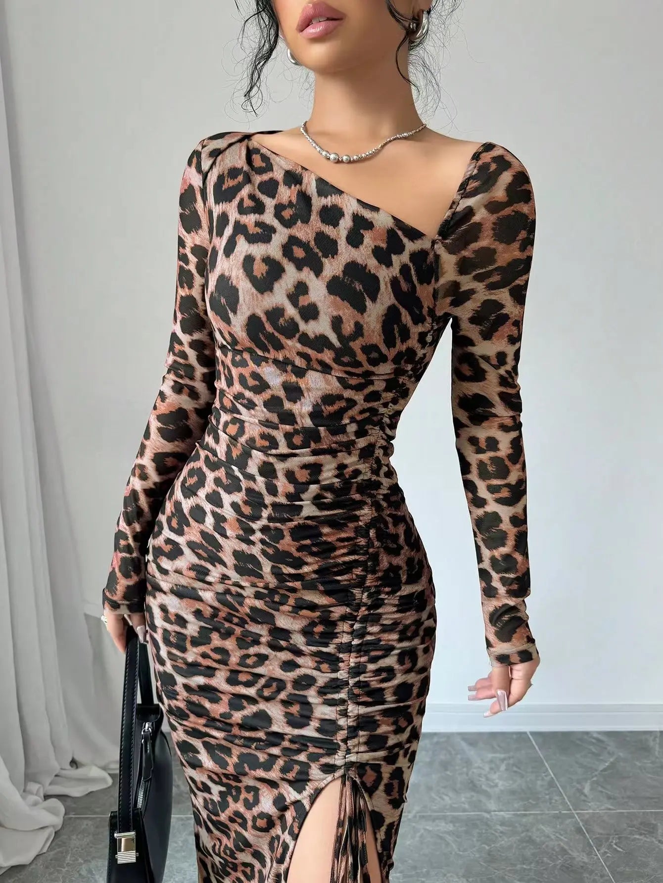 Sexy Leopard Print Fashion Ruffled Sexy Slit Party Dress For Women. S-XL