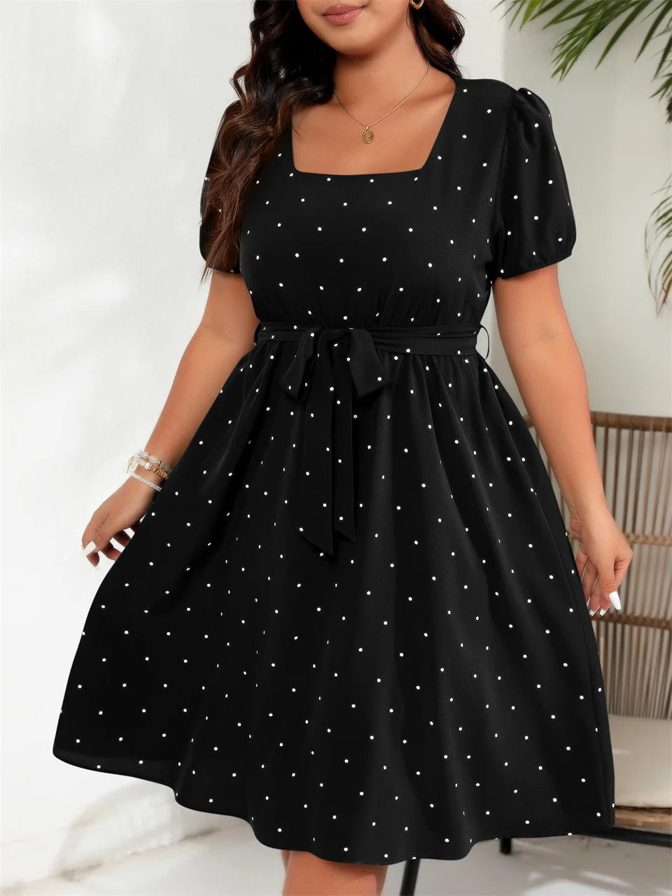 Plus Size Square Neck Polka Dot Belted Dress Women's Elegant High Waist Summer A-line Dress
