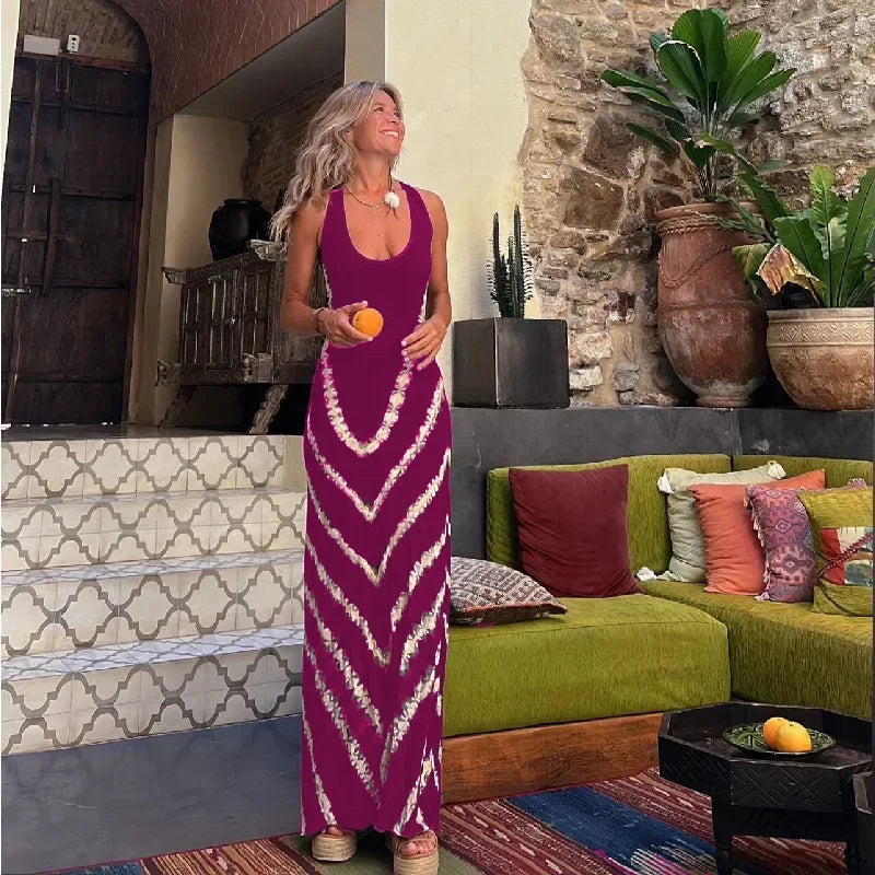 Women Sexy Print Dress Backless Cross Sleeveless Spring Summer Thin Casual Multiple Patterns Long dress.