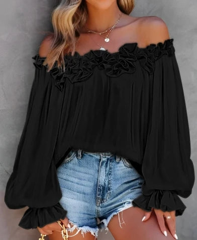 Spring Summer Women's Blouse Solid Colour Pleated Loose Ruffle Hem Lantern Sleeve Top Off Shoulder Shirt