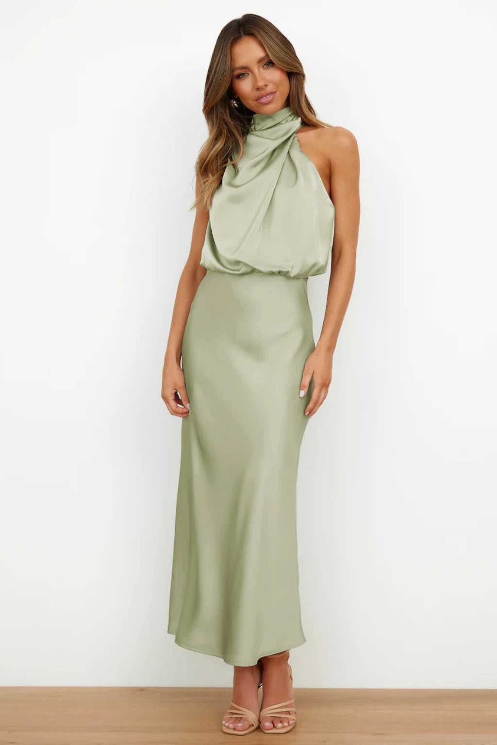 2025 Spring/Summer Long Dress for Women High Waist Halter Satin Sleeveless Elegant Solid Evening Party Dress. S-XL