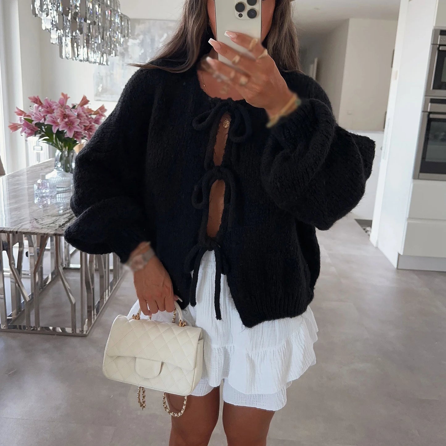 Knitwear Lace-Up Hollow Out Cardigan Fashion.