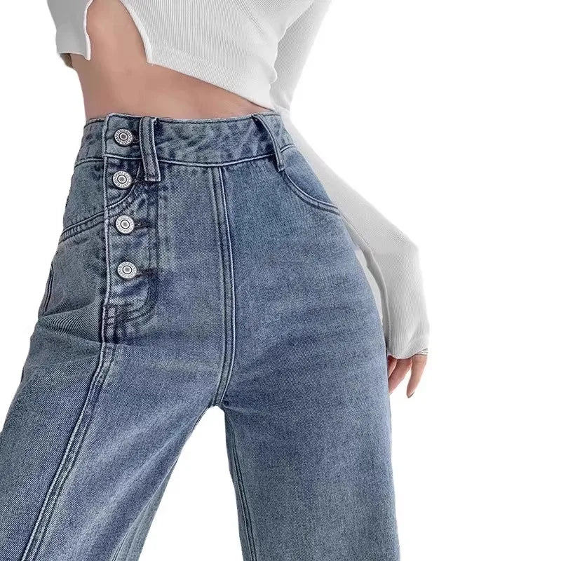 Women's High-Waist Loose-Fit Denim Jeans - Slim Stretch Trousers