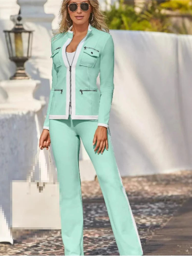 New Fashion Casual Two Piece Set Elegant Women Slim Simple Zipper Top Straight Sweatpants Suit. S-2X