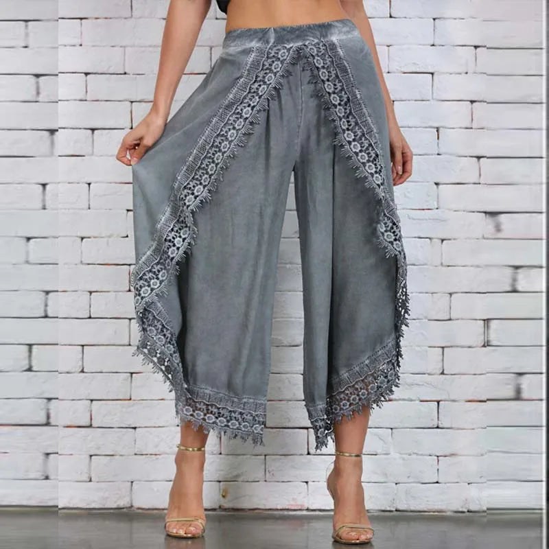 Lace Ladies Harem Pants Loose Solid Wide Leg Casual Comfortable Style. Sizes S-3XL