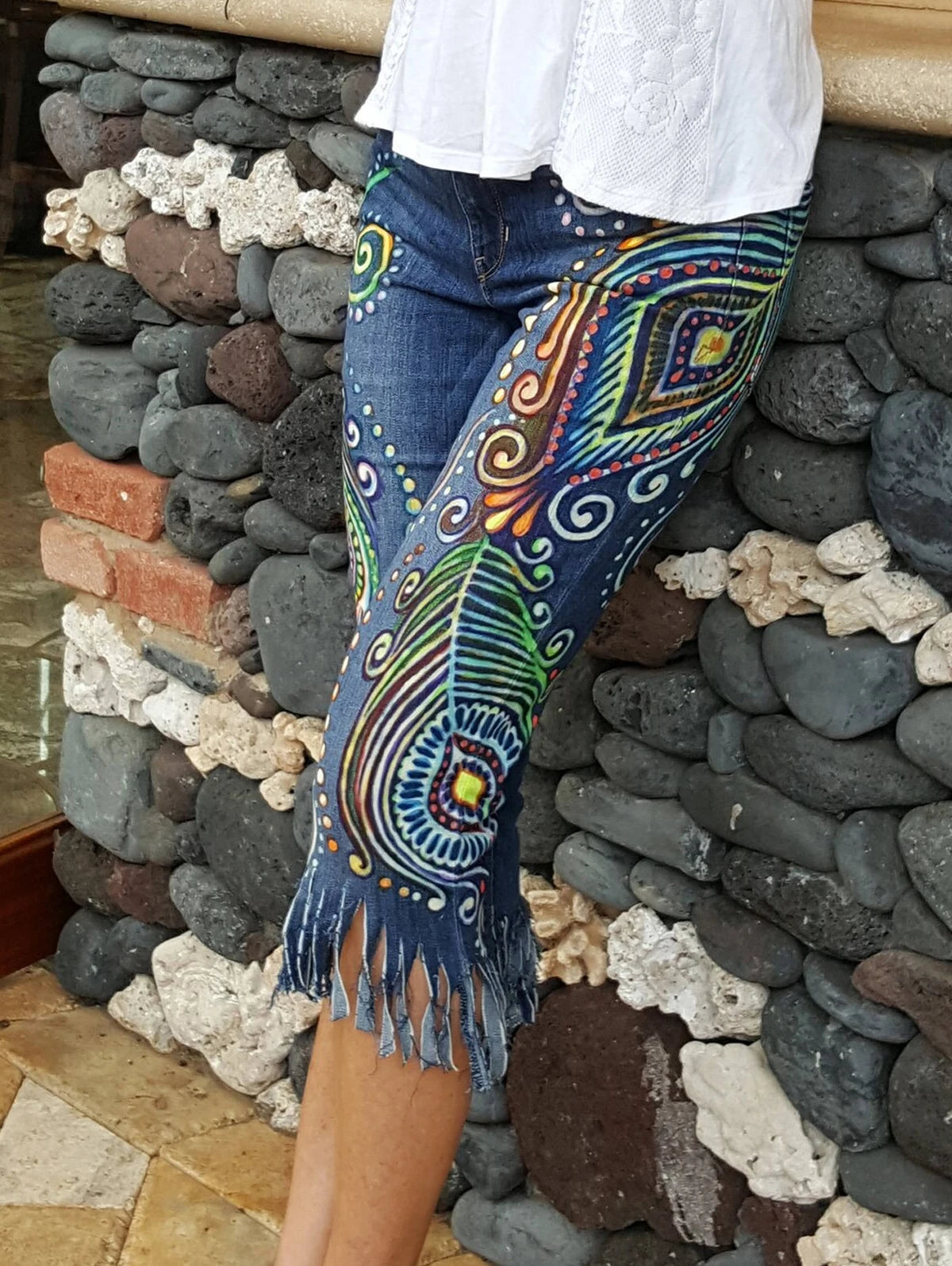 Ladies Cropped Jeans, Skinny High Waist Boho Peacock Feather Pattern Denim Fringed . Sz S-3xl