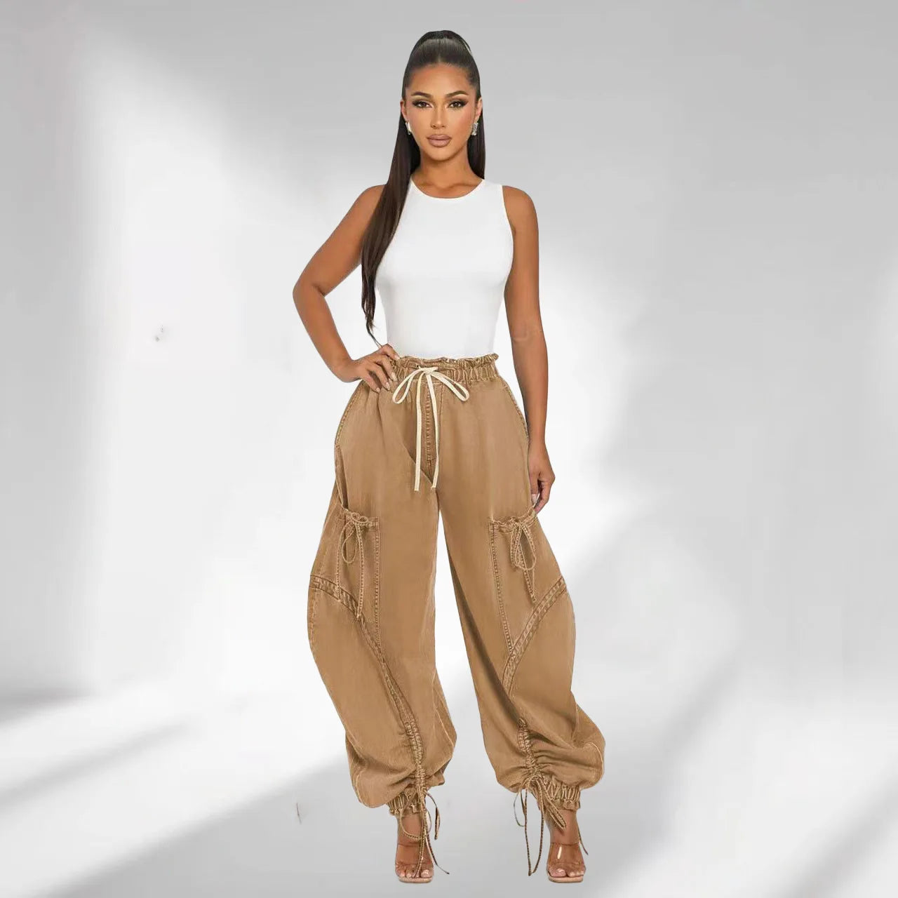 Lace Up Wide Leg Jeans Cargo Pant Sexy Women High Waist Elegant Street-wear Denim Loose Trousers. S-2X
