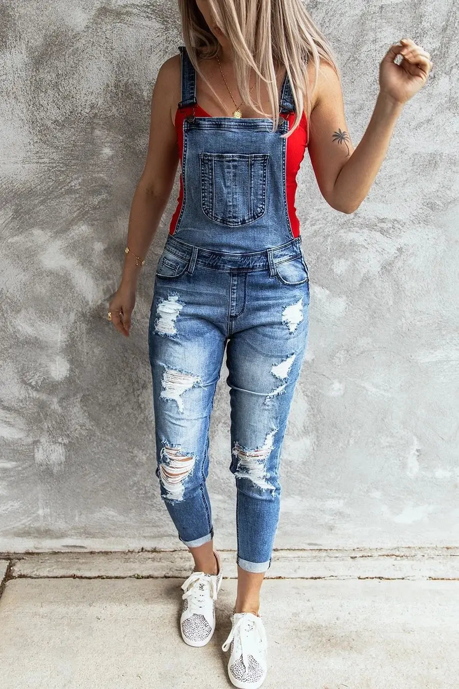 Ladies Denim Ripped Jeans Jumpsuit Stretch Denim. S-2x