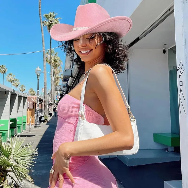 Fashion Rhinestone Cowboy Hat for Women Shape able Wide Brim - Felt Western Cowgirl Hats