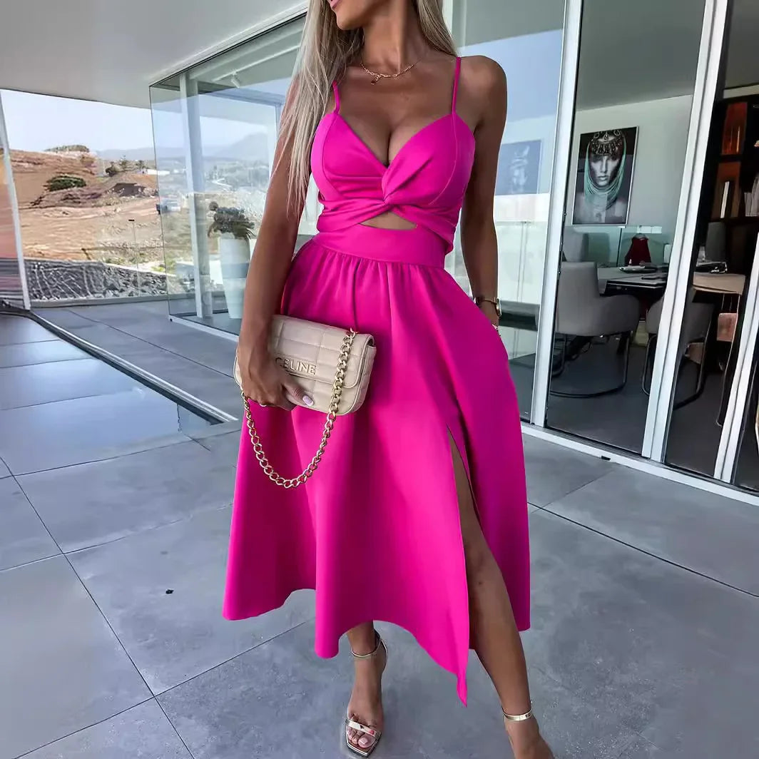 New Style Women's Sexy elegant V Neck Open-Back Medium Length Dress.