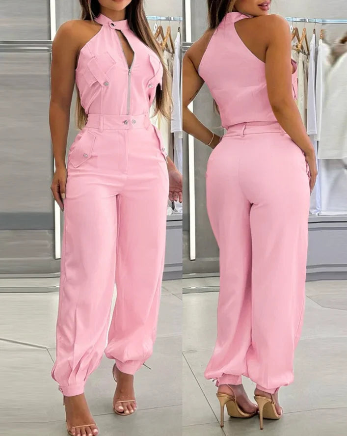 2025 Sexy Elegant 2 Pieces Sets Women's Outfits Sleeveless High Neck Top With Pocket Design and Casual Cuffed Long Pants Set