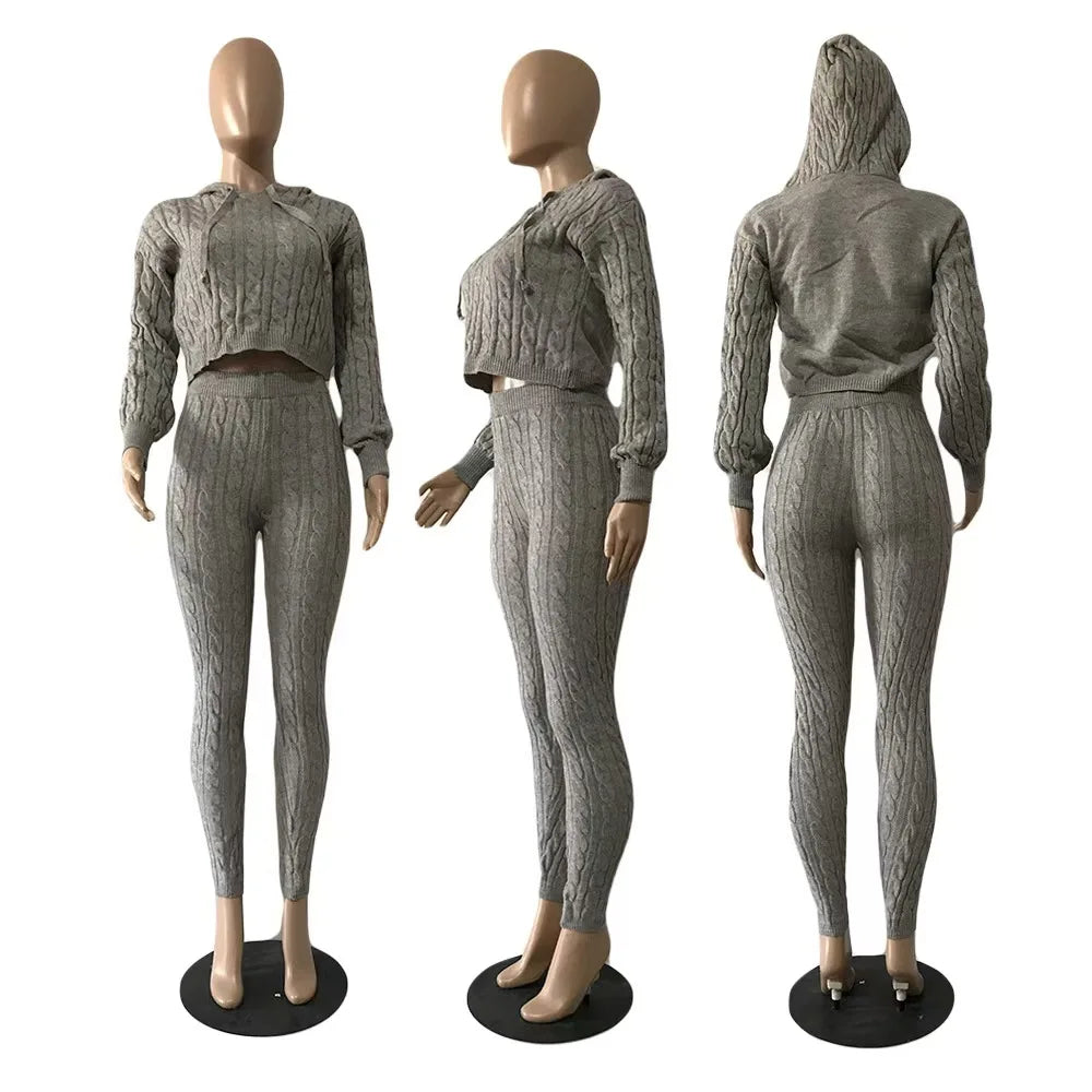 2 Piece Fashion Long Sleeve Cable Knit Hooded Sweater & Pants Suit.